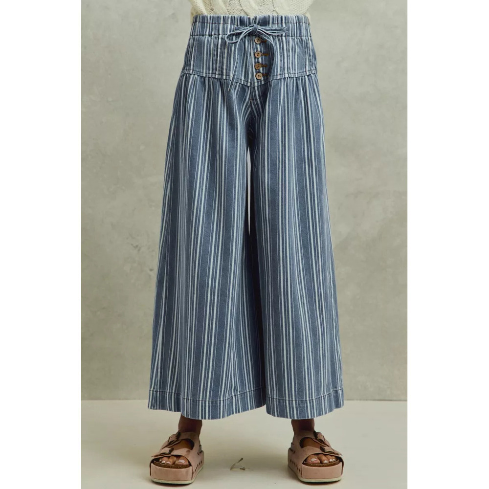 SO ME Mid Rise Stripe Denim Washed Pleat Wide Leg Pants
